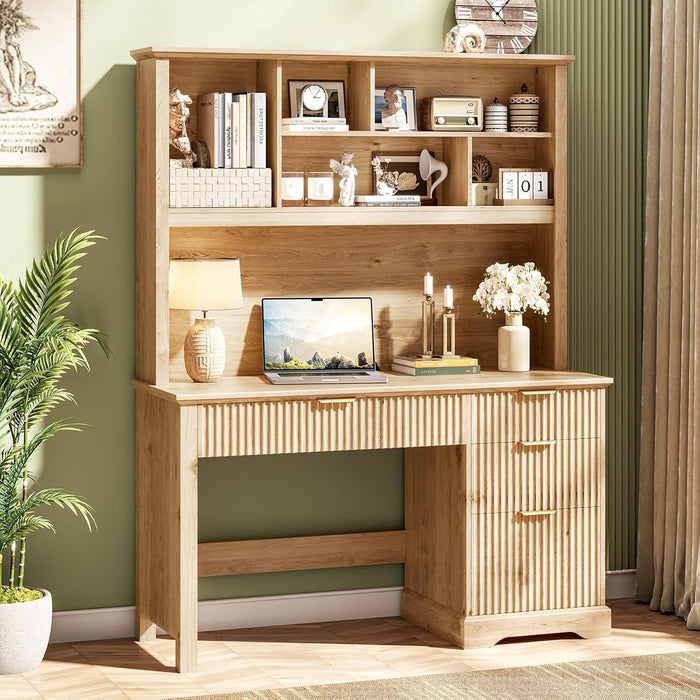 Halitaa Fluted Executive Desk with Drawers, Wood Computer Desk with Ample File Drawer, Home Office Desk with Hutch for Study, Bedroom, Living Room, Oak