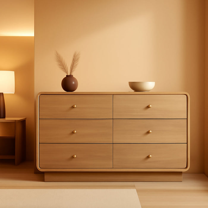 6 Drawer Dresser for Bedroom, 47.2” Wide Modern Chest of Drawers with Curved Profile Design, Wooden Dresser TV Stand with Gold Metal Handles, Large 6 Drawer Dresser for Bedroom, Living Room