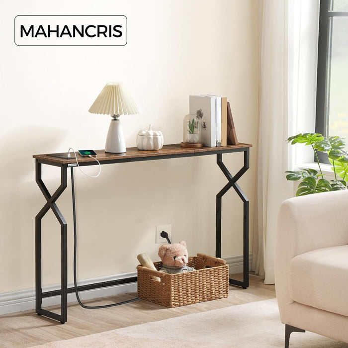 Sofa Console Table, 44.9" Entryway Table with Charging Station, Narrow Couch Table, Hallway Table, Sofa Table with USB Ports, Metal Frame, for Entrance, Living Room, Rustic Brown CTHR113E01
