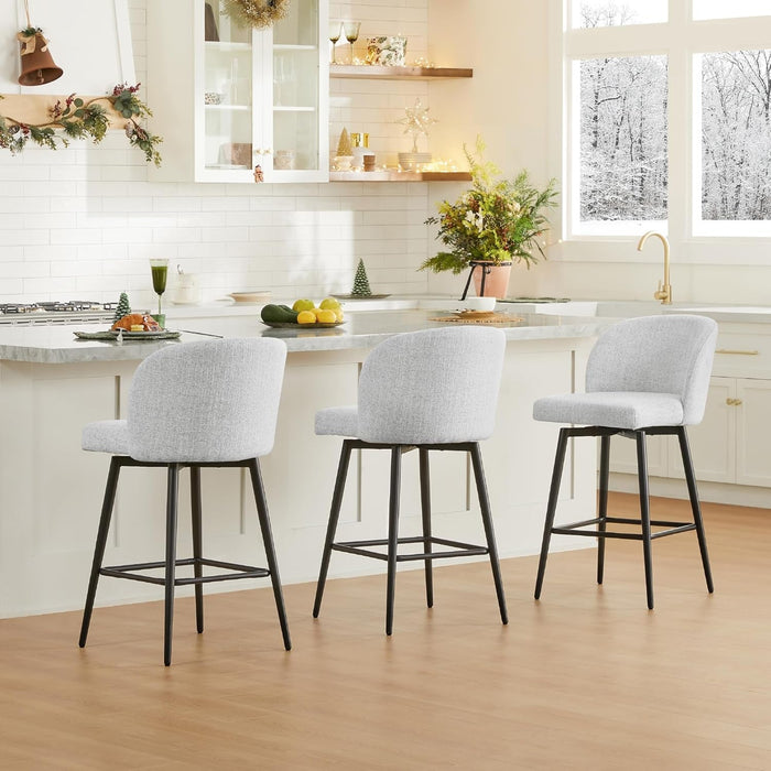 Counter Height Bar Stools Set of 3, 360° Swivel Upholstered Barstools with Backs and Metal Legs, 26" H Seat Height, Fabric in White (Multi-Colored)