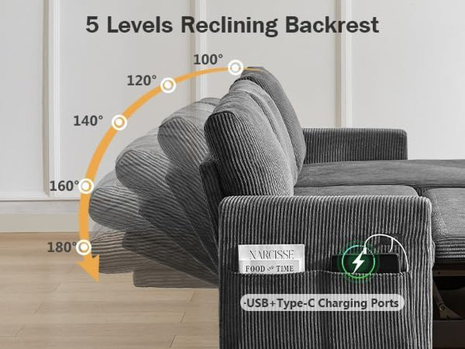 81 Inch CorduroyVelvet GreyTone Sleeper Sofa Pullout