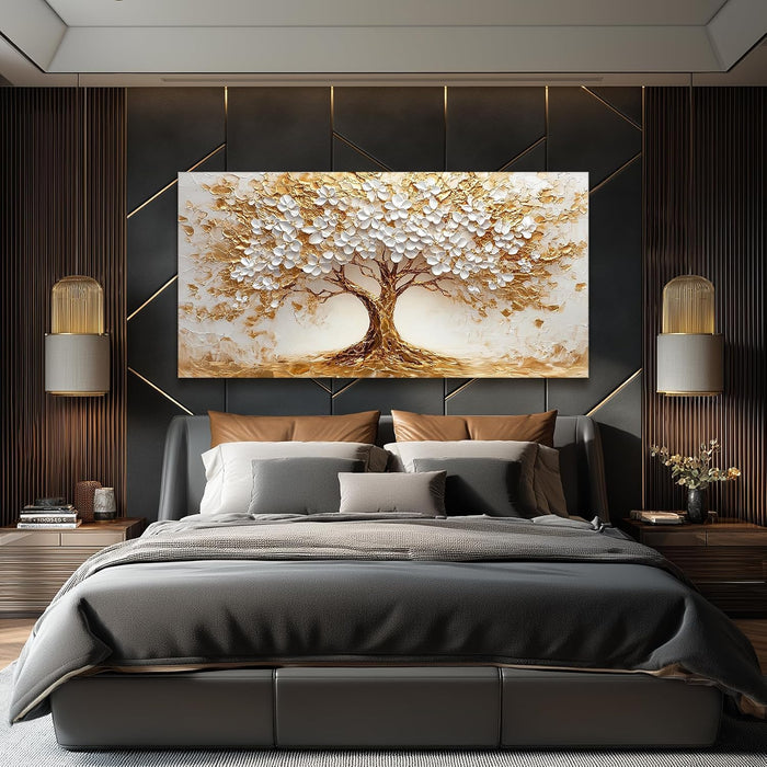 White Gold Tree of Life Wall Art, Blooming Flower Tree Extra Large Artwork, Abstract Landscape Canvas Art Prints, Modern Oversized Pictures Wall Decor Living Room Office Ready to Hang 29"X57"