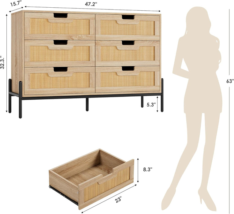 RattanOpenworkBraided Chest Of Six Drawers WalnutFinish