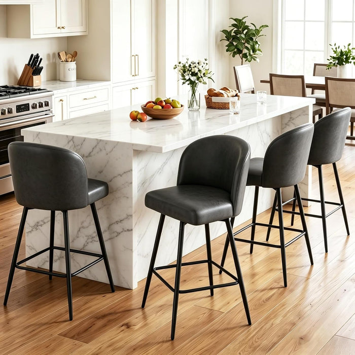 Counter Height Bar Stools Set of 2, 360° Swivel Upholstered Barstools with Backs and Metal Legs, 26" H Seat Height, Faux Leather in Black