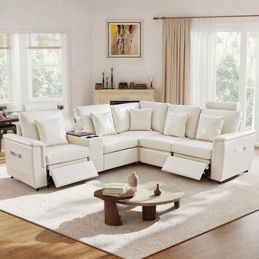 Oversized Modular Sectional Sofa with 2 Power Reclining, Electric Recliner Couch with Storage Console and Adjustable Headrest, Faux Leather 5 Seat Corner Sofa for Living Room-Cream White