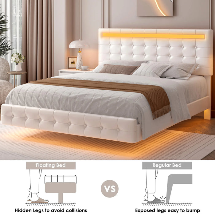 Queen Floating Bed with Lights, LED Platform Bed Frame with under Bed Storage, PU Leather Adjustable Tufted Upholstered Bed, White