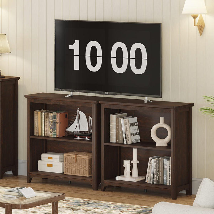 Wooden Bookshelf Bookcase, 2-Tier Compact Wood Book Shelf with Adjustable Display Storage Shelves, Floor Standing Book Case for Living Room, Office, Brown Cherry