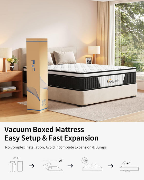 12 Inch Queen Mattress, Medium Firm Hybrid Memory Foam, 7-Zone Body Support for Pressure Relief, Motion Isolation, Queen Mattress in a Box, White Breathable Textured Fabric Mattresses
