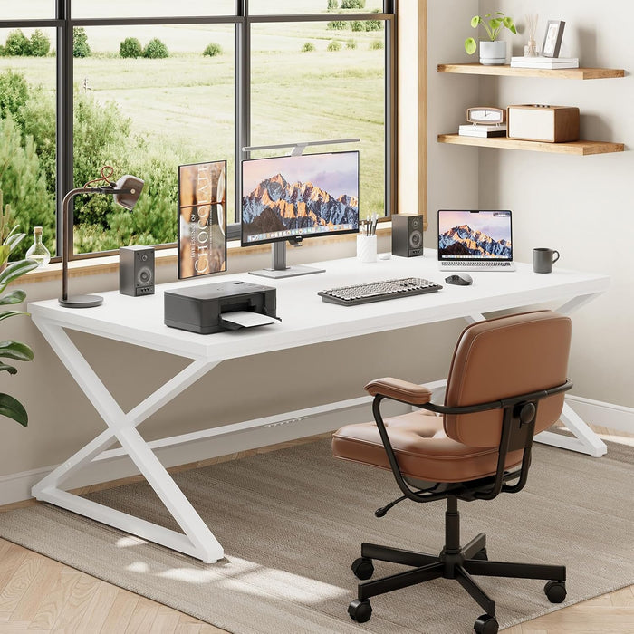 Long White Computer Desk, Modern Simple Large Home Office Desk, Wood Metal Work Study Writing Table for 2 Monitors, Double Pc Gaming Executive Workstation in Bedroom Living Room, White Oak,70 In