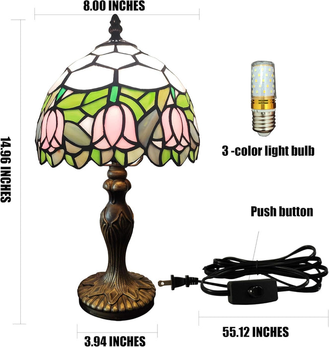 Tiffany Table Lamp Small Stained Glass Desk Lamp Vintage Bedside Lamp Included 3 Way LED Bulb for Home Living Room Nightstand Bedroom Office (Pink Tulip)
