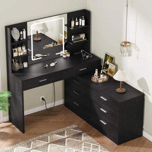 With LED Lighted Mirror & Power Outlet, Modern Corner Makeup Vanity Table, Dressing Table for Bedroom, Makeup Room