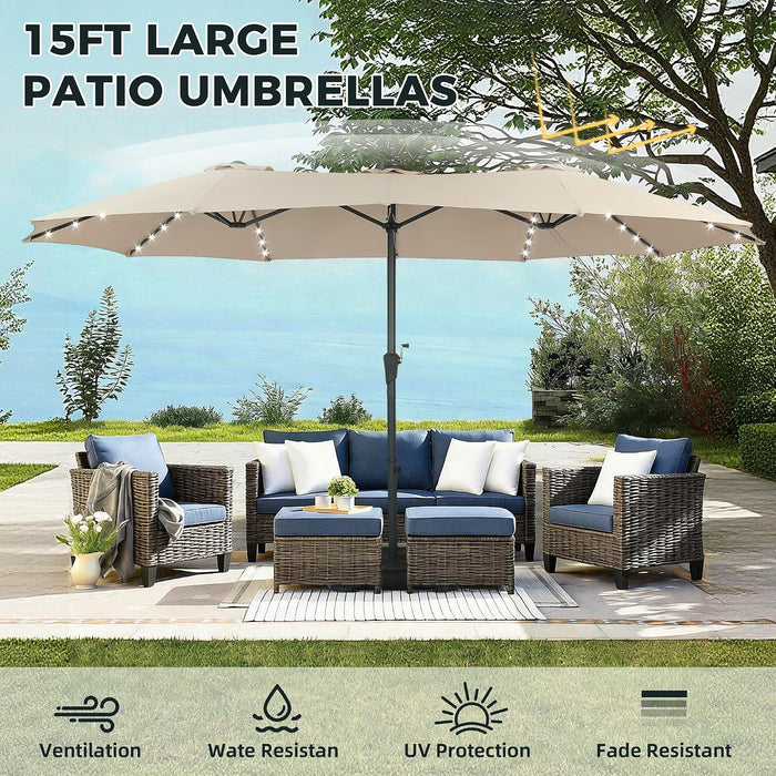 15Ft Double Sided Patio Umbrella with Solar Lights, Outdoor Large Umbrellas with Crank Handle and 48 LED Lights, Rectangular Market Umbrella with Base Included for Deck Pool Shade