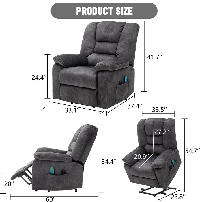 Power Lift Recliner Chair, Elderly Sofa with Heat Therapy and Massage Function, Heavy Duty Reclining Mechanism Electric Recliner with Side Pocket for Living Room Bedroom Home Theater, Grey