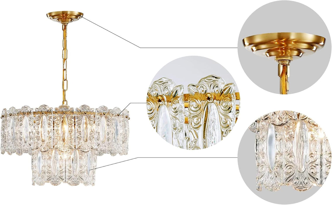 Elegant Glass Chandelier Light Fixture, Modern Vintage Pendant Chandelier Lighting for Dining Room, D18 X H10, 2- Tier Shade & Brass Gold Finish