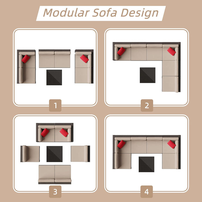7 Pieces Patio Furniture Sets Outdoor All-Weather Sectional Patio Sofa Set PE Rattan Manual Weaving Wicker Patio Conversation Set with Glass Table&Ottoman Cushion and Red Pillows, Beige