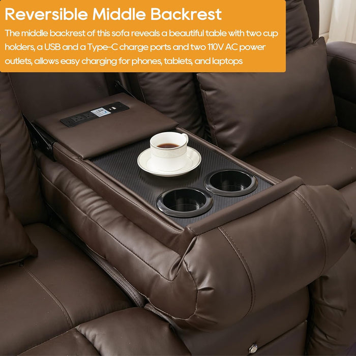 Power Loveseat Recliner Sofa, Home Theater Seating with Console, PU Leather Reclining Sofa with 4 Colors LED Lights, AC Outlets, USB-A/C Ports and Cup Holders(Brown, 2-Seater) | Electric Control, Bluetooth Speaker, Vibration Massage, Waist Heating, 4 Colors LED Strips, Charging Interface
