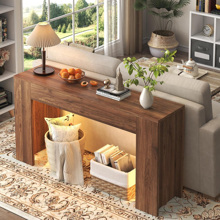 63-Inch Long Console Table with LED Light, Farmhouse Sofa Table behind Couch, Wooden Console Table for Entryway Hallway Entrance Living Room, Brown