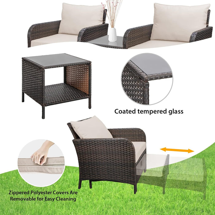 Balcony Furniture 5 Piece Patio Conversation Set, PE Wicker Rattan Outdoor Lounge Chairs with Soft Cushions 2 Ottoman&Glass Table for Porch, Lawn-Brown Wicker