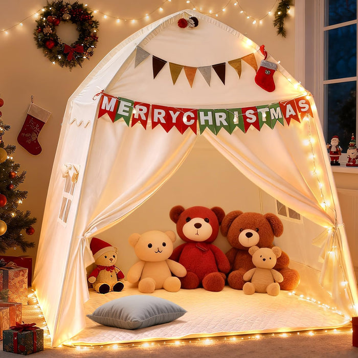 Large Kids Play Tent Indoor with Padded Mat Lights - 59X39X59In Teepee Playhouse with Flags Storage Bag - Cozy Reading Nook Nap Bed Tent - Birthday Gift for Toddlers Boys Girls