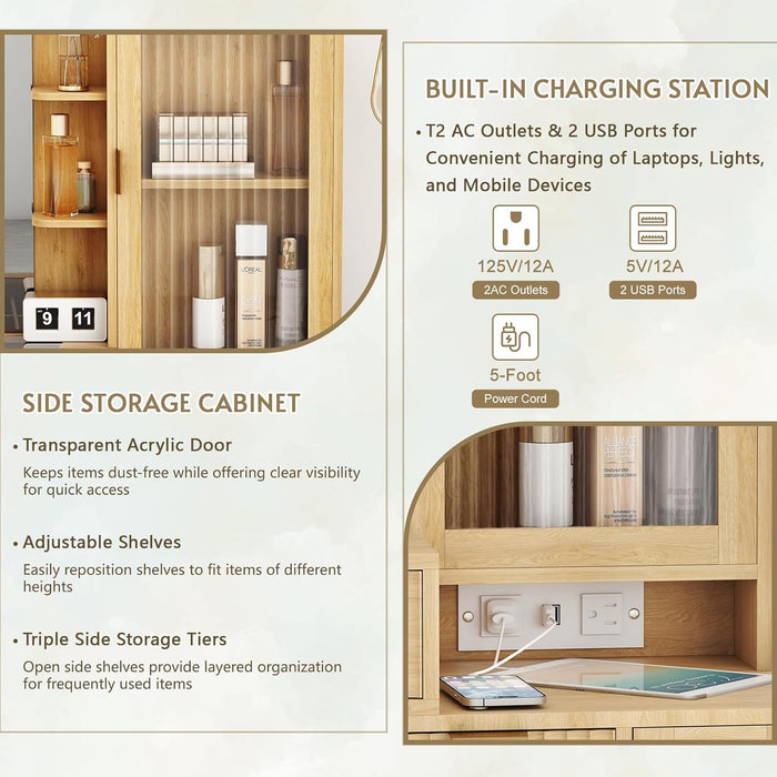 49" Wood Vanity Desk with Mirror and Lights, Boho Fluted Makeup Vanity Table with Modern Glass Top, Charging Station, 5 Drawers, 2 Cabinet with Adjustable Shelves, Salon Station, Natural Oak