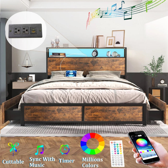 LED Queen Bed Frame with Storage Headboard & 4 Drawers, Industrial Metal Platform Bed with Power Charging Station & USB Ports