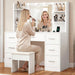 Vanity Desk with LED Light Mirror & Power Outlet, 3 Adjustable Light Color, Makeup Vanity with 7 Drawers, 4 Shelves, 5 Jewel Hooks, White Vanity for Bedroom, Girls Vanity