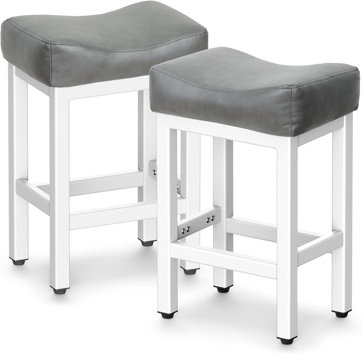 Counter Height Bar Stools Set of 2, 24 Inch Barstools for Kitchen Island Counter, Bonded Leather Kitchen Stools with Thick Saddle Seats & Heavy Duty Metal Base, Easy Assembly, Gray/White
