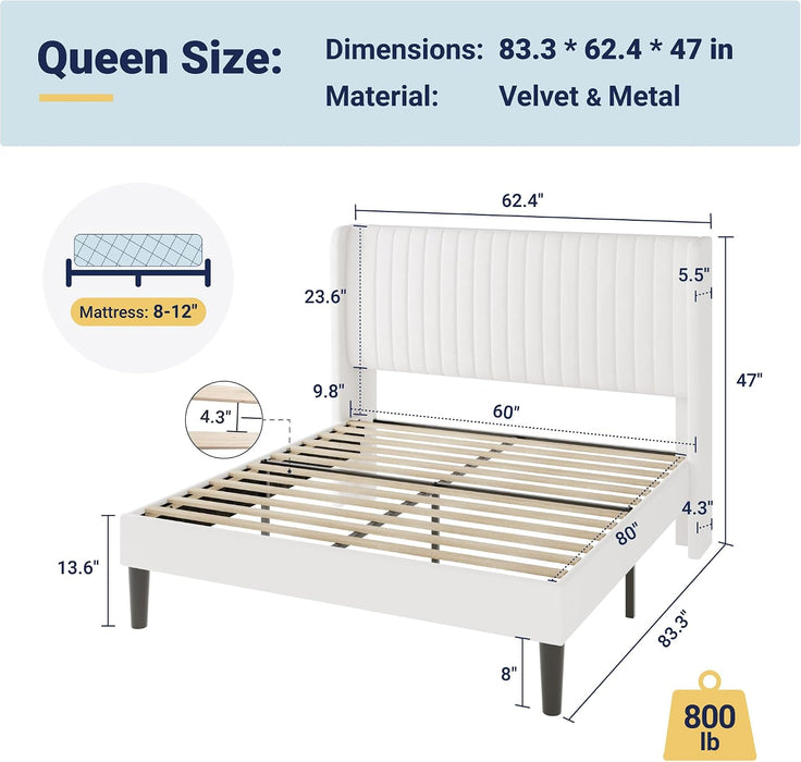 Queen Size Velvet Bed Frame/Vertical Channel Tufted Wingback Headboard/Upholstered Platform Bed/Strong Wooden Slats/No Box Spring Needed/Easy Assembly/White