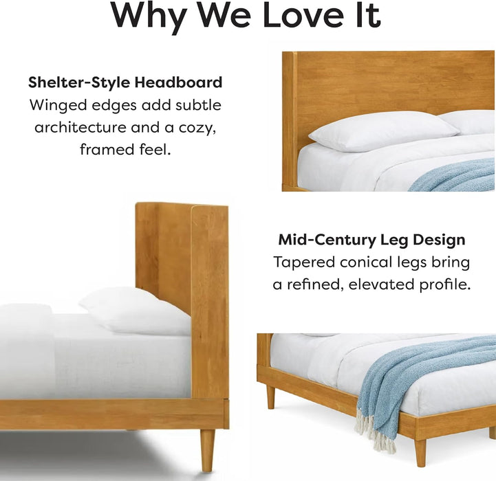 Queen Size Solid Wood Bed Frame with Wingback Headboard, Walnut Brown Finish, Platform Bed Frame, No Box Spring Required
