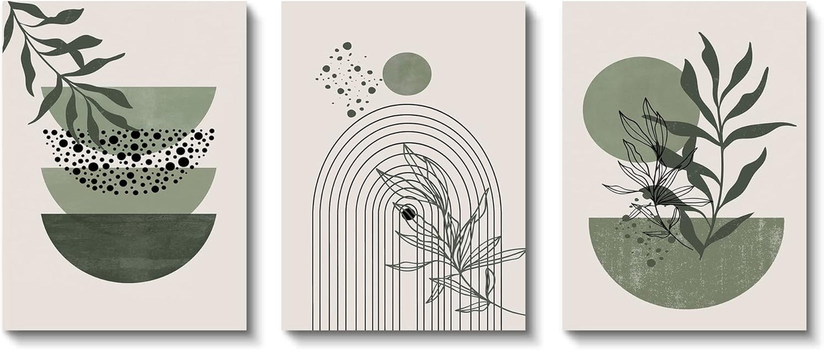 Sage Green Wall Posters & Prints, Green Boho Wall Art Set of 3, Minimalist Framed Wall Art Geometric Line Leaf Sun Moon Beige Green Canvas Artwork Paintings