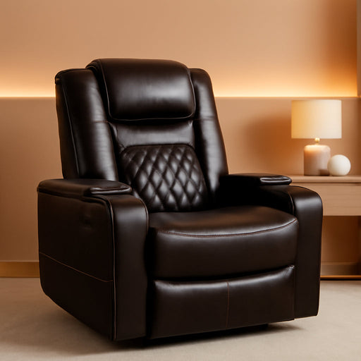 Electric Power Recliner Chair with USB Ports and Cup Holders, Breathable Leather Home Theater Seating with Hidden Arm Storage (Brown)