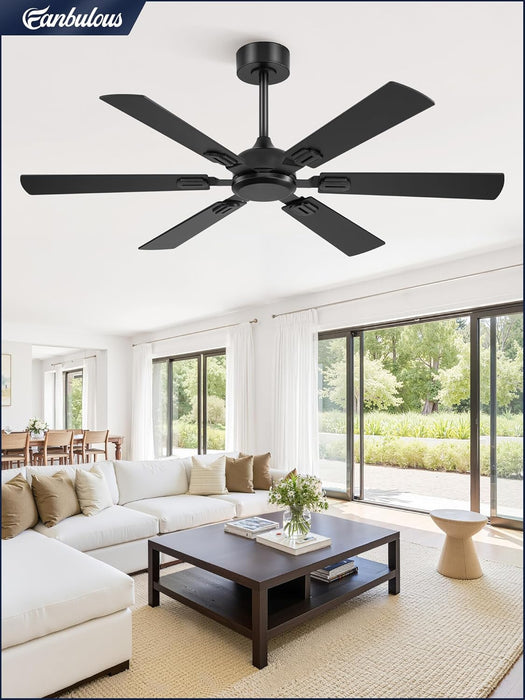 52 Inch Ceiling Fans No Light with Remote, Modern Ceiling Fan without Light, Dual Finish 6 Blades, Reversible Quiet DC Motor, 6 Speed, Large Ceiling Fan for Indoor or Covered Outdoor, Black