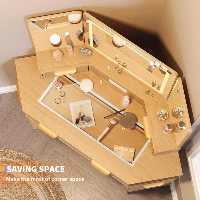 48 in Fluted Makeup Vanity Desk, Large Lighted Corner Vanity with HD Triple Mirror and Lights, Dressing Table with Glass Top & Charging Station for Bedroom