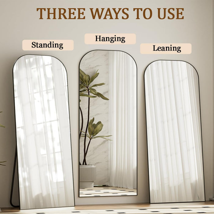 Mirror, 71X26 Inch Full Length with Stand, Black, Rounded Top, Floor Mount, Aluminum Frame, for Bedroom, Living Room