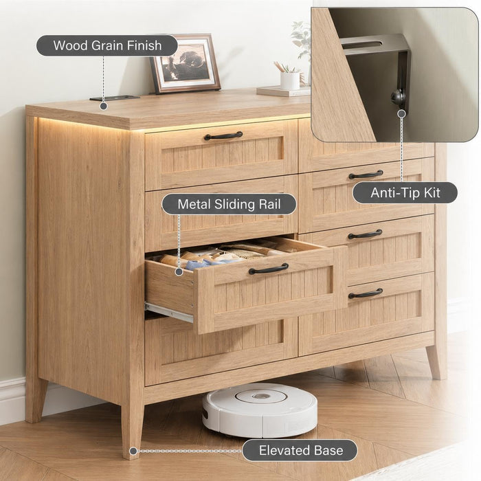 8 Drawer Chest Dresser with LED Lights and Charging Station, Smart RGB App & Remote Control, Built-In USB-A Type-C AC Outlets, Wood Storage Cabinet 44.9" Tall for Bedroom Living Room
