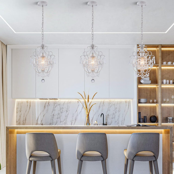 Modern Mini Chandelier,White Retro Crystal Light Fixtures Ceiling Mount 1 Light Small Crystal Chandeliers for Bedroom Elegant Hanging Lighting for Girls Room Dining Room Closet Kitchen Island