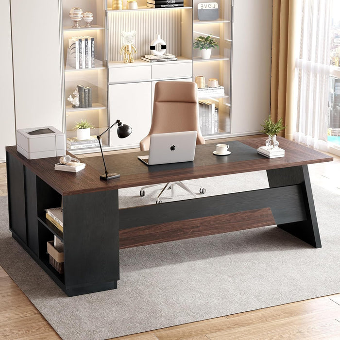 78-Inch Executive Office Desk with File Cabinet, Large Modern Corner Office Desk for Home Office, 3-Drawer Wood File Cabinet, Spacious Workstation for Home Office (Brown & Black)