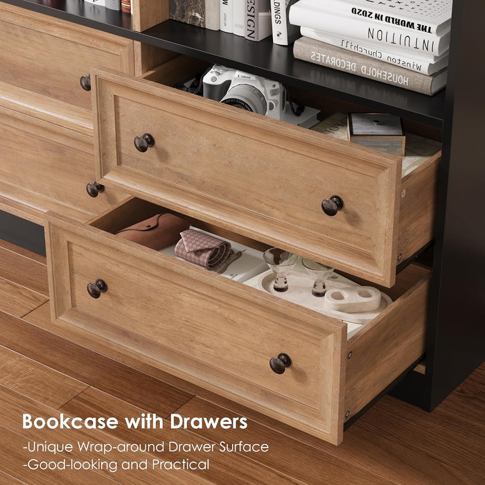 71" Tall Bookshelf with 4 Drawers Large Bookshelf Office Bookcase | 6-Tier Double Wide Bookshelves and Bookcases with Storage, Tall Bookshelf Standing Book Cabinet for Home Office, Brown/Black