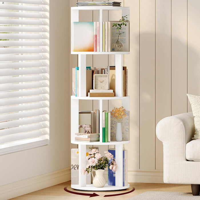 White Four Tier Rotating Bookshelf Tower Floorstanding