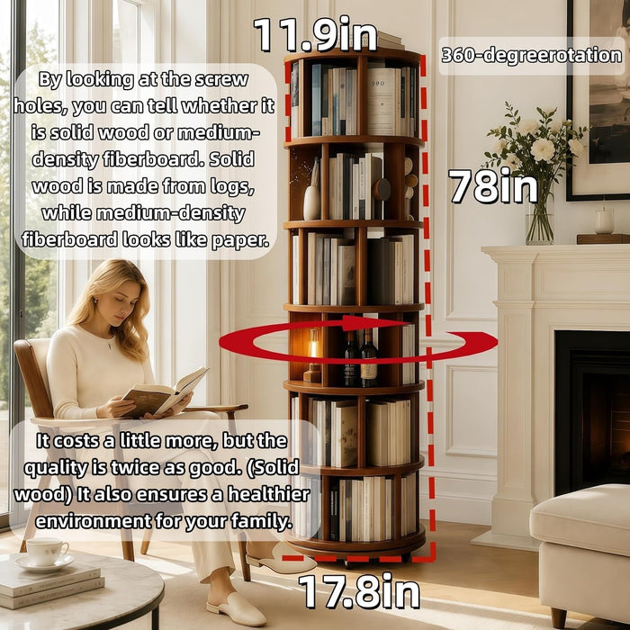 Real Solid Wood Walnut Rotating round Bookshelf Towers with Wheels,Bookcase