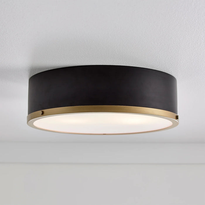 Irving Park 2-Light Flush Mount, Matte Black Finish, Burnished Brass Accents, Frosted Glass Shade, LED Bulbs Included