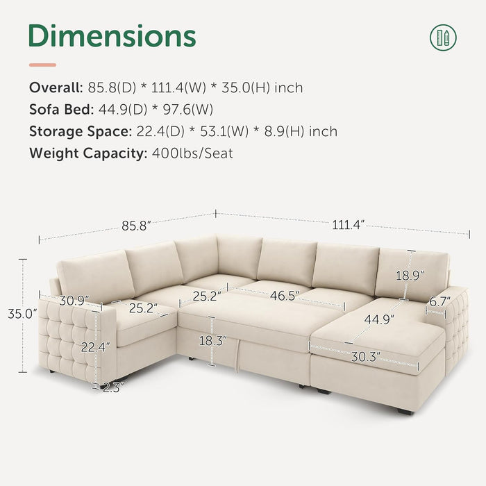 Sleeper Sectional Sofa with Storage Chaise U Shaped Sectional Couch for Living Room, Velvet Sleeper Sectional Couch with Pullout Bed, Beige