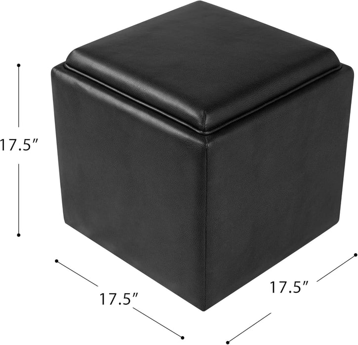 Home Decor Storage Ottoman with Tray Top|Upholstered Modern Square Storage Ottoman with Storage for Living Room & Bedroom, Black Faux Leather