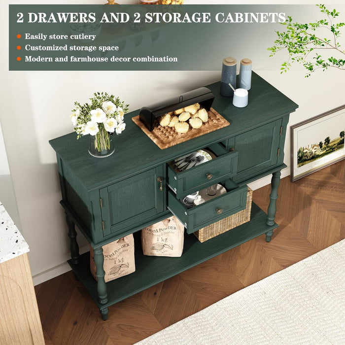 Console Table with 2 Drawers, Retro Entryway Table with 2 Door Cabinets and Open Storage Shelf, Narrow Long behind Couch Sofa Table for Living Room, Foyer, Hallway, Green