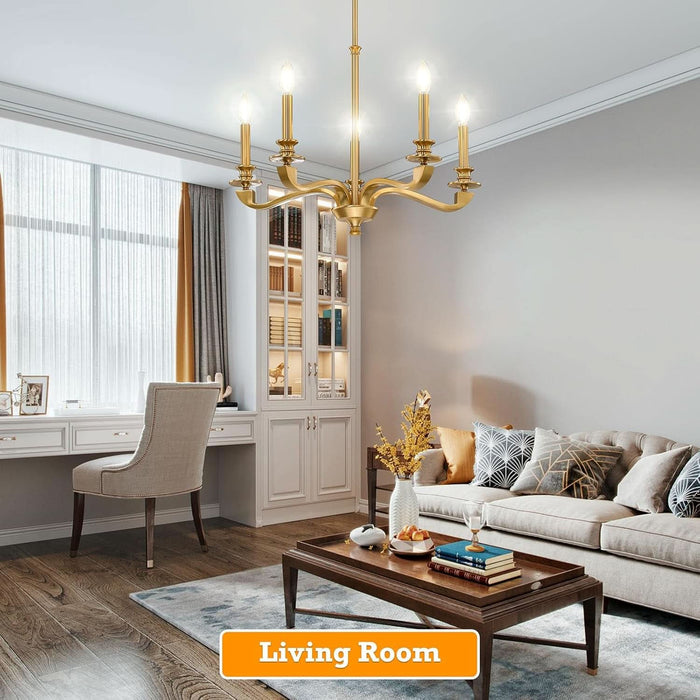 Gold Chandeliers for Dining Room, 25.5 Inch Vintage Gold Chandelier Light Fixture over Table, Farmhouse Candle Chandeliers, 5-Light Brass Chandeliers for Kitchen, Bedroom, Living Room (E12 Base)