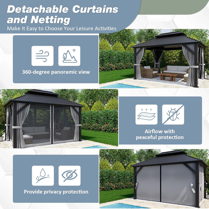10'X12' Gazebo Hardtop Gazebo, Aluminum Pergola with Double Galvanized Steel Roof, Permanent Outdoor Metal Canopy with Curtain and Netting for Patio, Backyard, Deck,Grey