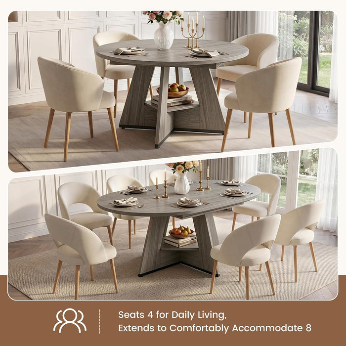 47.24"-63" Extendable round Dining Table for 4-6, Expandable round to Oval Kitchen Dining Table with Hidden Extension Leaf, Storage Shelf, Modern Wood Dining Room Table for Home & Apartment