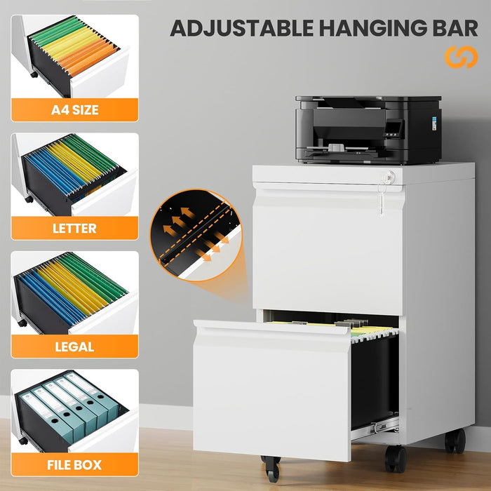 2 Drawer Mobile File Cabinet, Fully Assembled File Cabinets with Lock, Metal Rolling Filing Caninet on Wheels, Small Two Drawer under Desk Cabnet for Letter/Legal / A4 / File Box - White