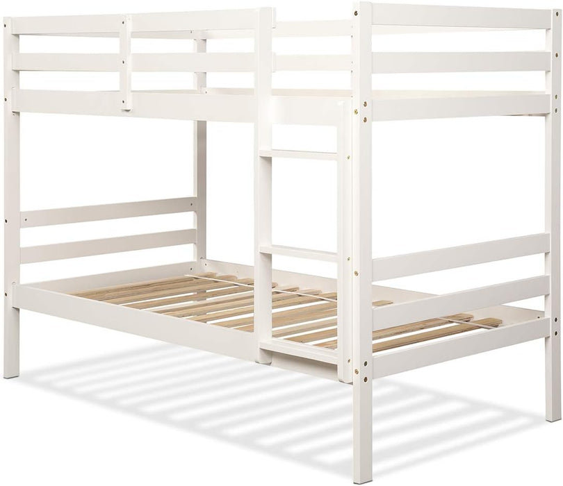 Twin over Twin Bunk Beds, Wood Convertible Two Beds, Solid Rubberwood Bunk Bed with 1 Pcs Built-In Ladder and Safety Rails, No Box Spring Needed, Space Saving Bed Frame for Bedroom (White)