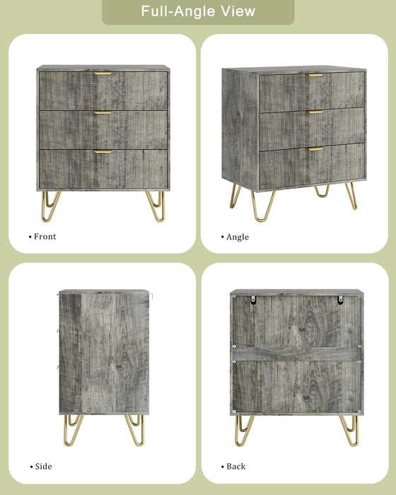 Grey Dresser for Bedroom, Modern Fluted 3 Drawer Dresser with Storage, Dresser Chest of Drawers with Gold Handles for Bedroom, Living Room, Closet, Hallway, 15.8" D X 23.6" W X 27.6" H